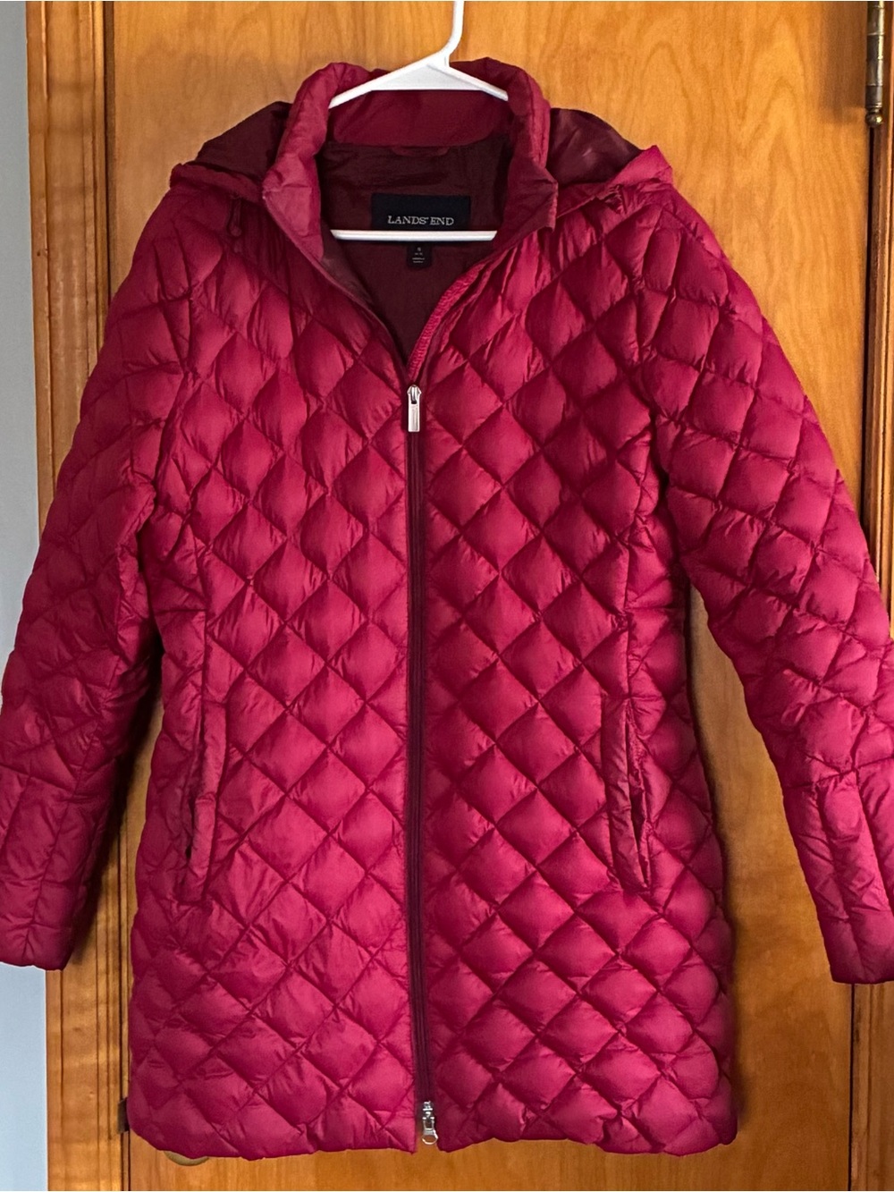 Lands' End Women's Quilted Down Hooded Coat - Raspberry - Size S